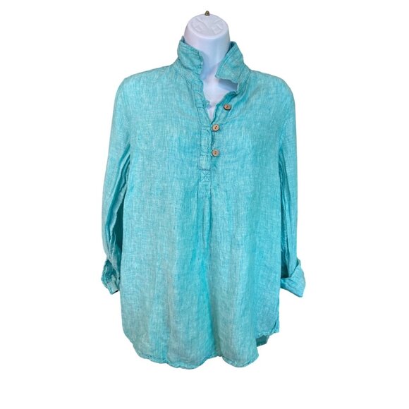 Sigrid Olsen ButtonUp Tunic Turquoise Linen  Ruched Collar Roll Tab Sleeve Beach - Picture 1 of 6